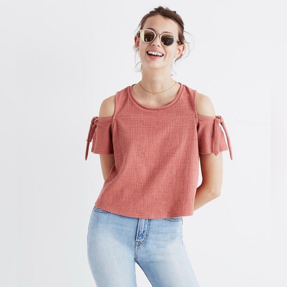 Madewell Skylark Cold Shoulder Top Blush Pink Textured Tie Sleeve Size Small